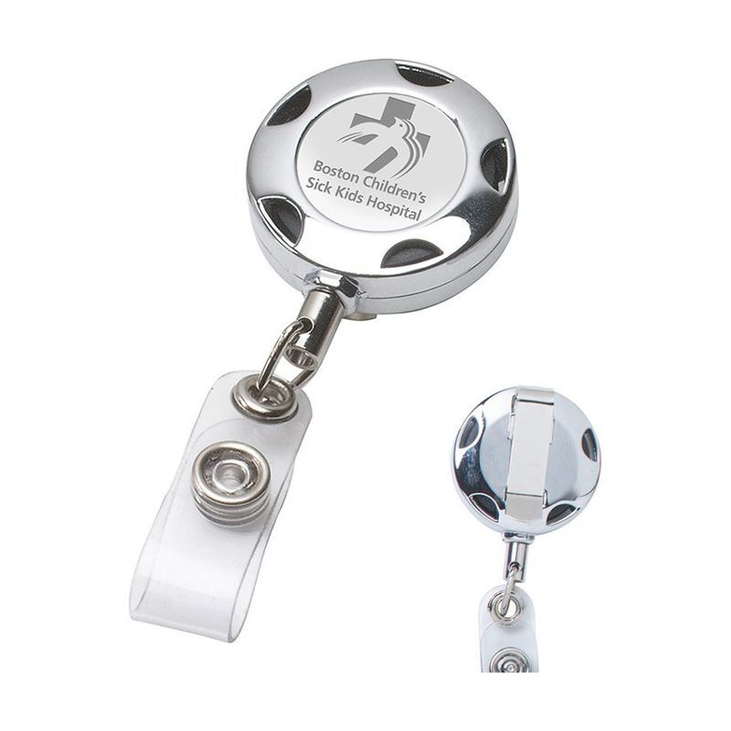 Round Chrome Metal Badge Reel, Laser Engraved