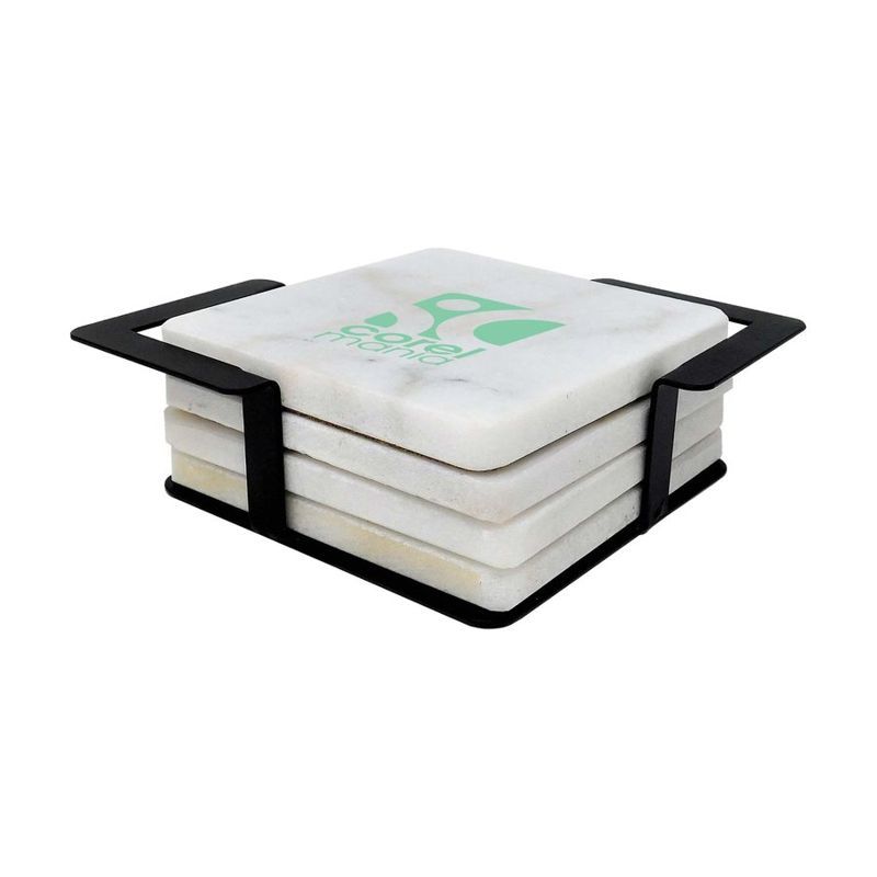 Square White Marble Coaster Set with Metal Stand