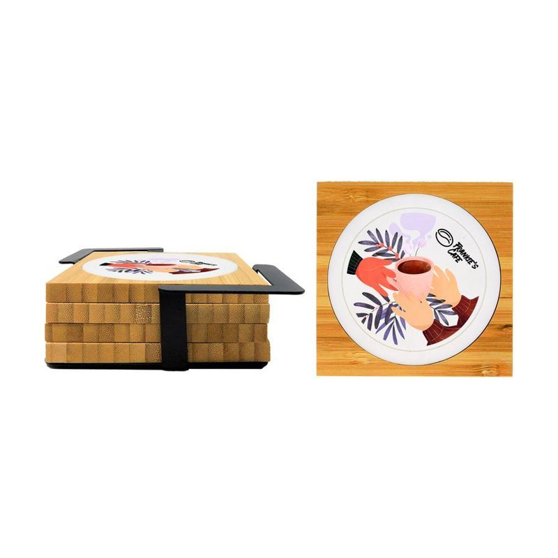4-Piece Spectrum Bamboo Coaster Set In Metal Stand