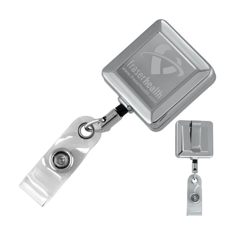 Square Chrome Metal Badge Reel, Laser Engraved