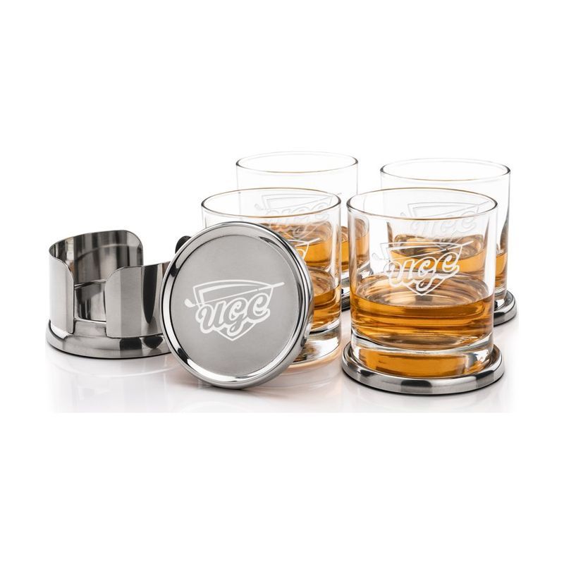 Stainless Steel Coasters and On-the-Rocks Glass Set
