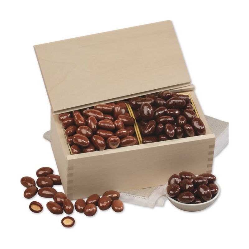 Milk and Dark Chocolate Covered Almonds, Wooden Box