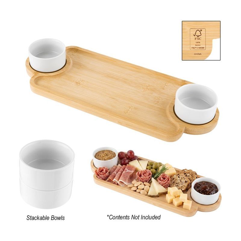 Bamboo Serving Tray with Porcelain Bowls