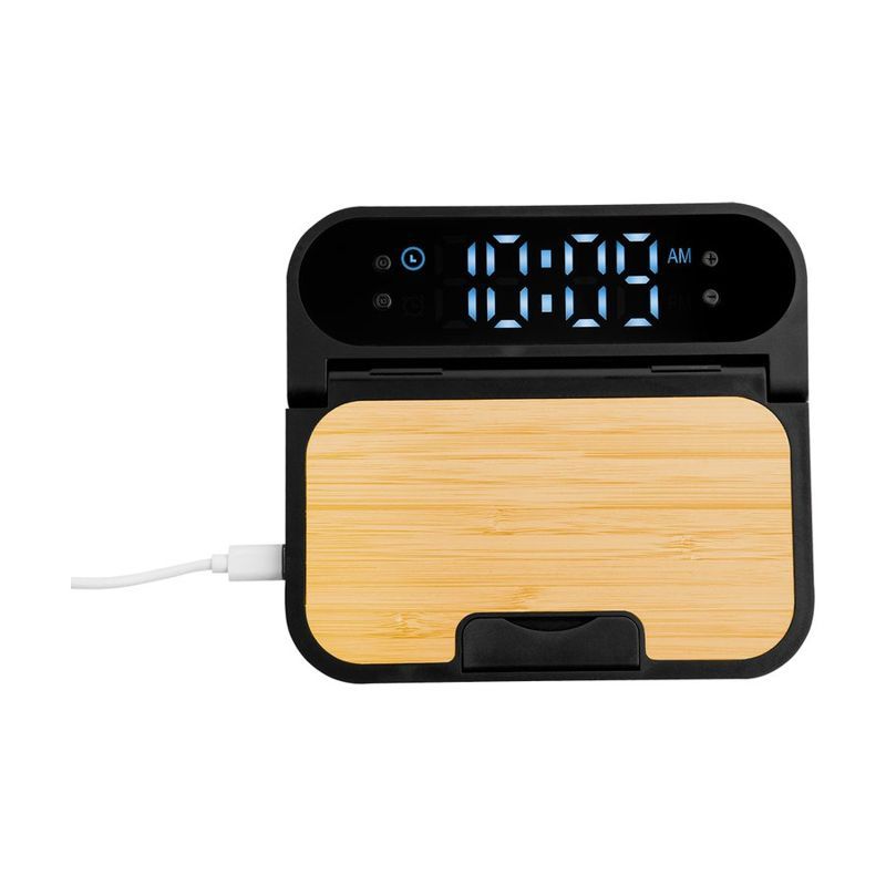 15W Bamboo Folding Charger with Digital Clock