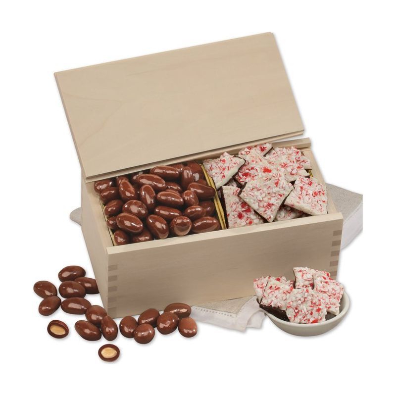 Peppermint Bark and Chocolate Almonds in Wooden Box