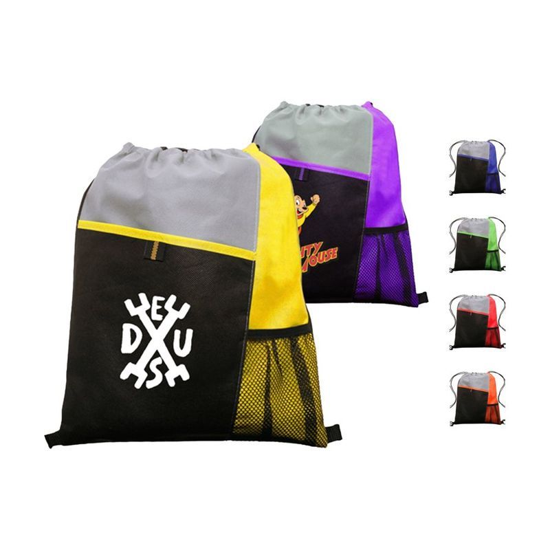Tri-Color Non-Woven Drawstring Backpack with Mesh Pocket