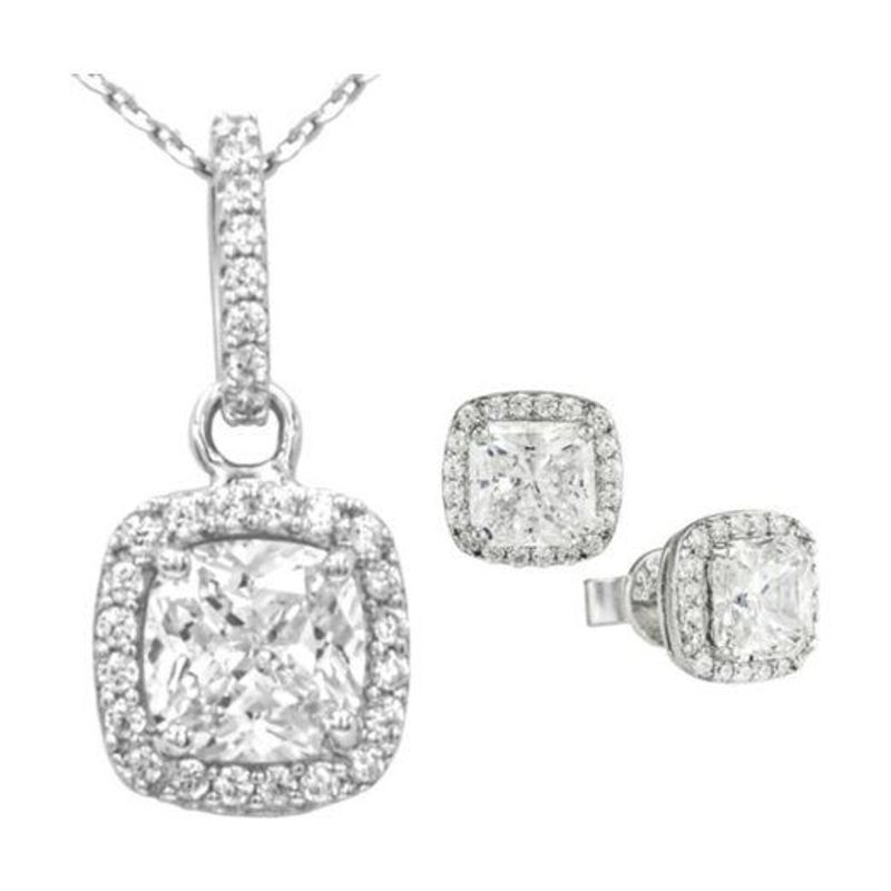 Sterling Silver CZ Cushion Halo Earrings and Necklace Set