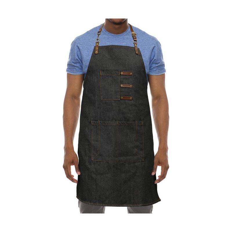 Denim Bib Apron with Faux Leather Trim