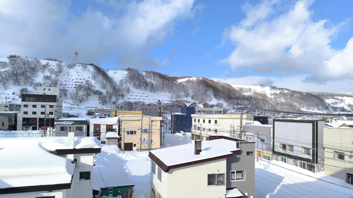 2 月雪後晴天的稚內市區,住宅屋頂與道路積著厚雪,後方是覆雪的稚內公園山丘