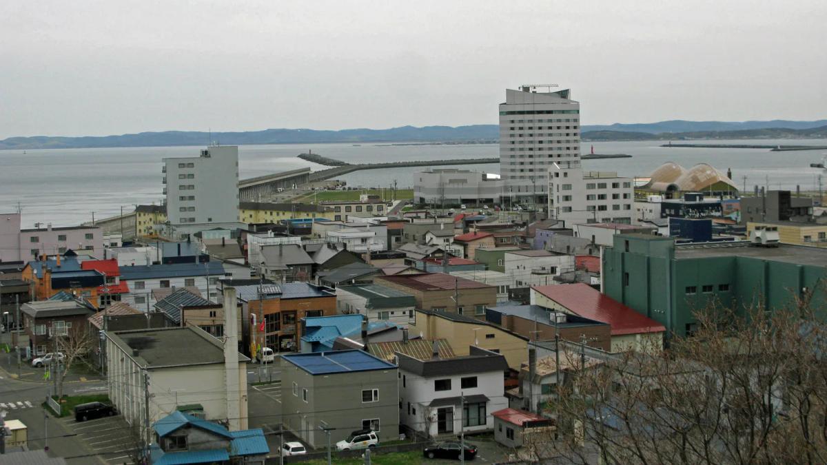 從稚內公園俯瞰稚內市區，屋頂與大樓後方是防波堤與稚內港