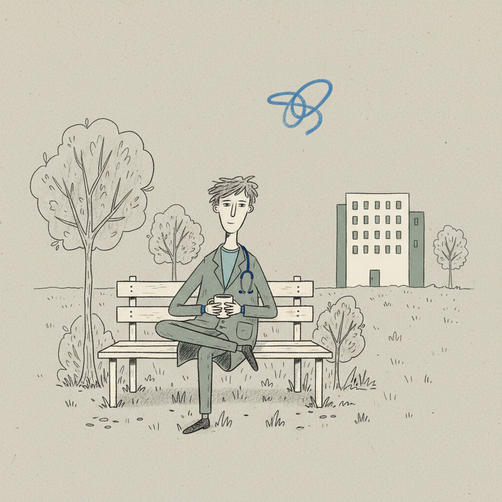 Hand-drawn illustration of an off-duty doctor sitting relaxed on a park bench with a mug, a hospital small in the distance