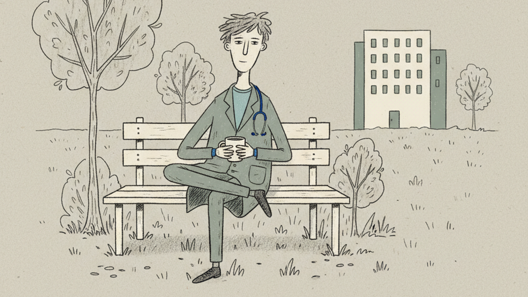 Hand-drawn illustration of an off-duty doctor sitting relaxed on a park bench with a mug, a hospital small in the distance