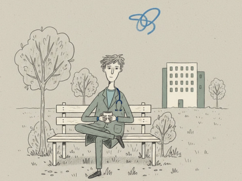 Hand-drawn illustration of an off-duty doctor sitting relaxed on a park bench with a mug, a hospital small in the distance