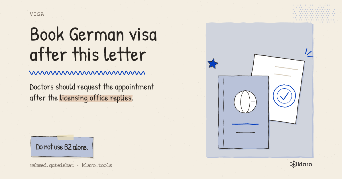 Book German visa after this letter: Doctors should request the appointment after the licensing office replies.