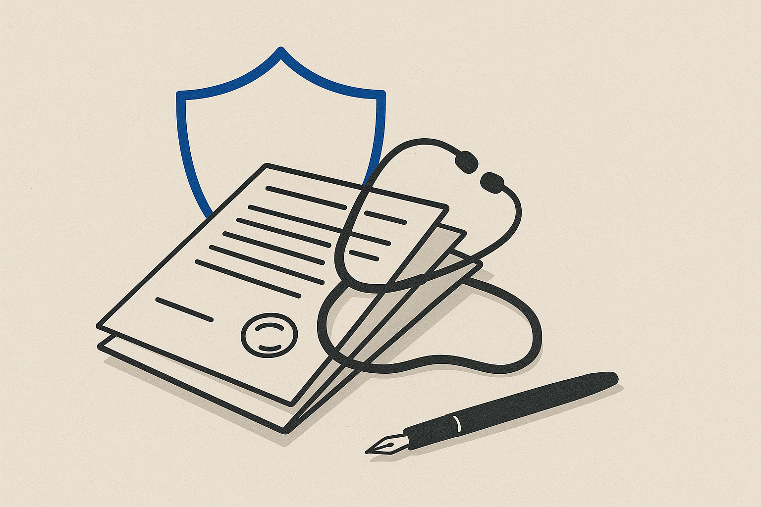 Flat editorial illustration of insurance documents, a stethoscope, and a blue shield outline on a warm grey background