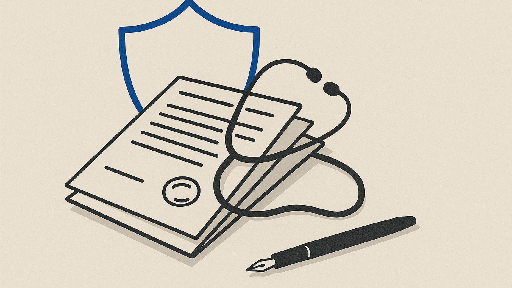 Flat editorial illustration of insurance documents, a stethoscope, and a blue shield outline on a warm grey background