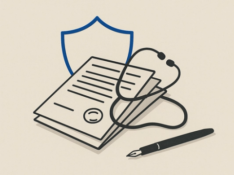 Flat editorial illustration of insurance documents, a stethoscope, and a blue shield outline on a warm grey background