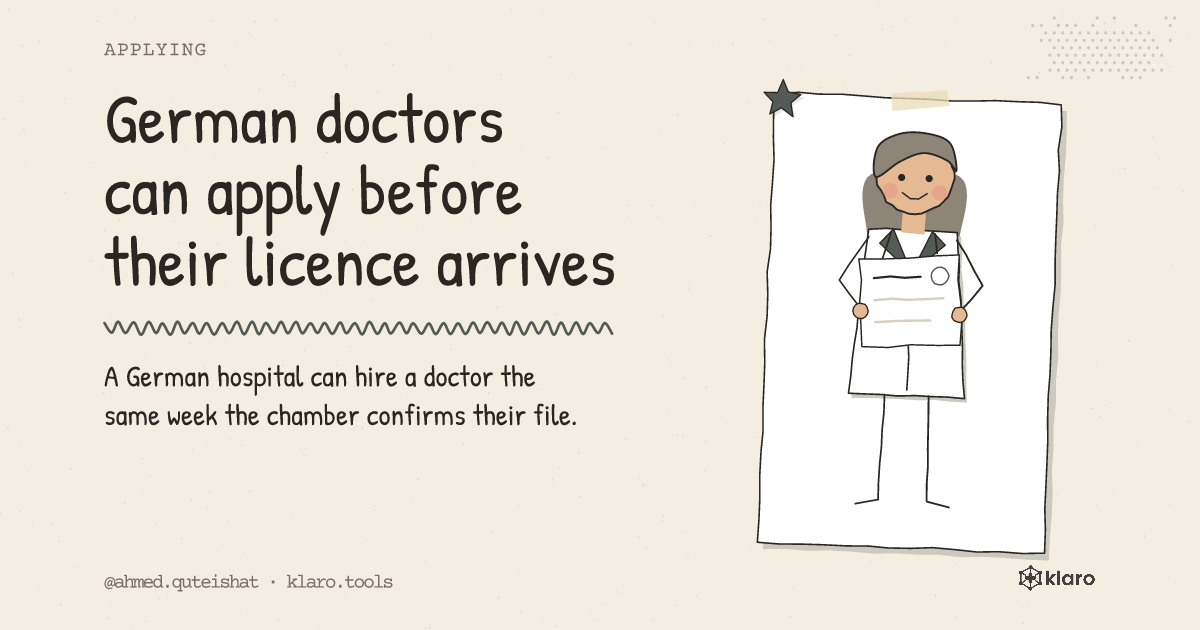 German doctors can apply before their licence arrives: A German hospital can hire a doctor the same week the chamber confirms their file.
