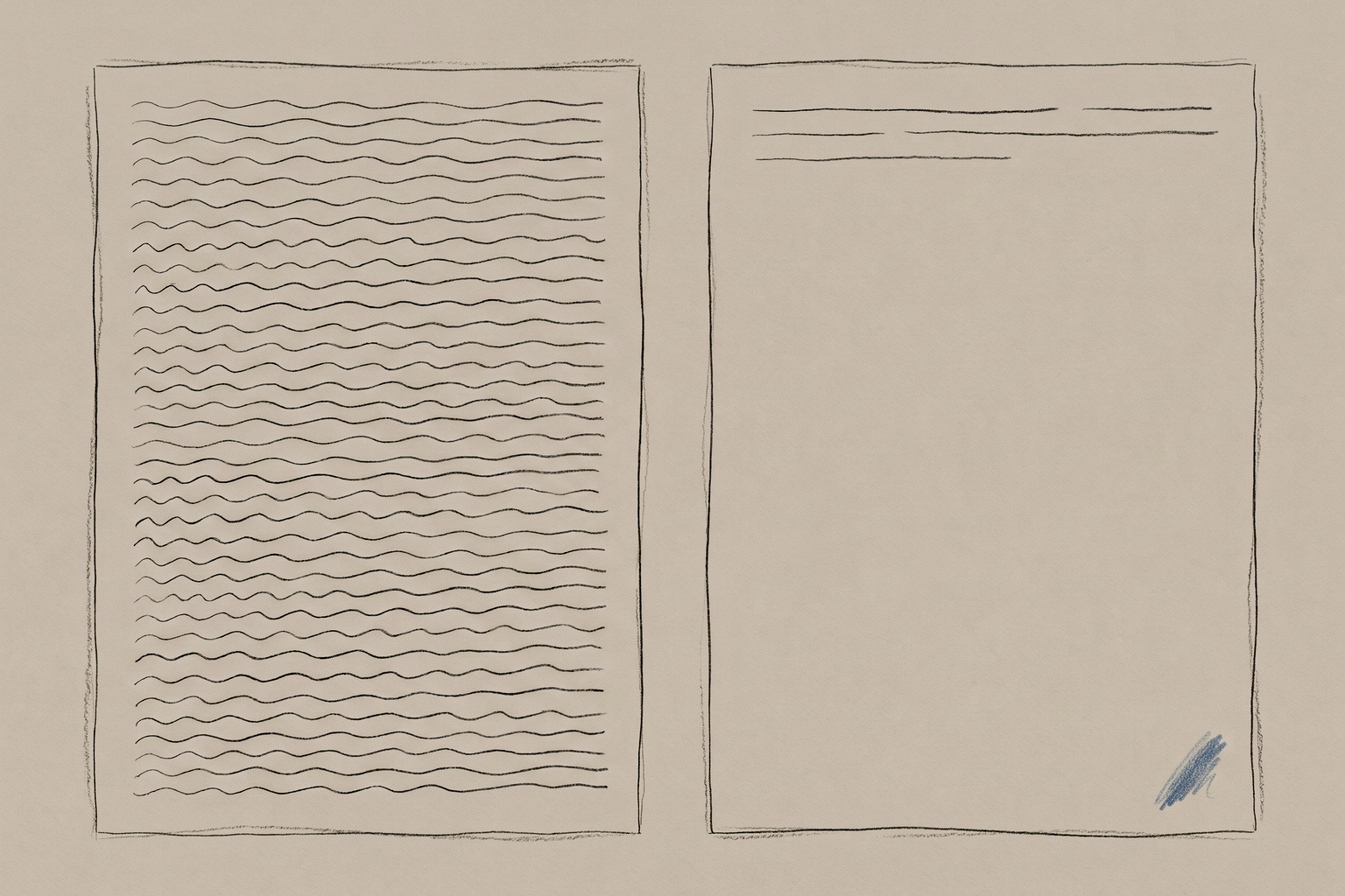Hand-drawn illustration of two payslips side by side, the left one covered in dense printed lines and the right one nearly empty