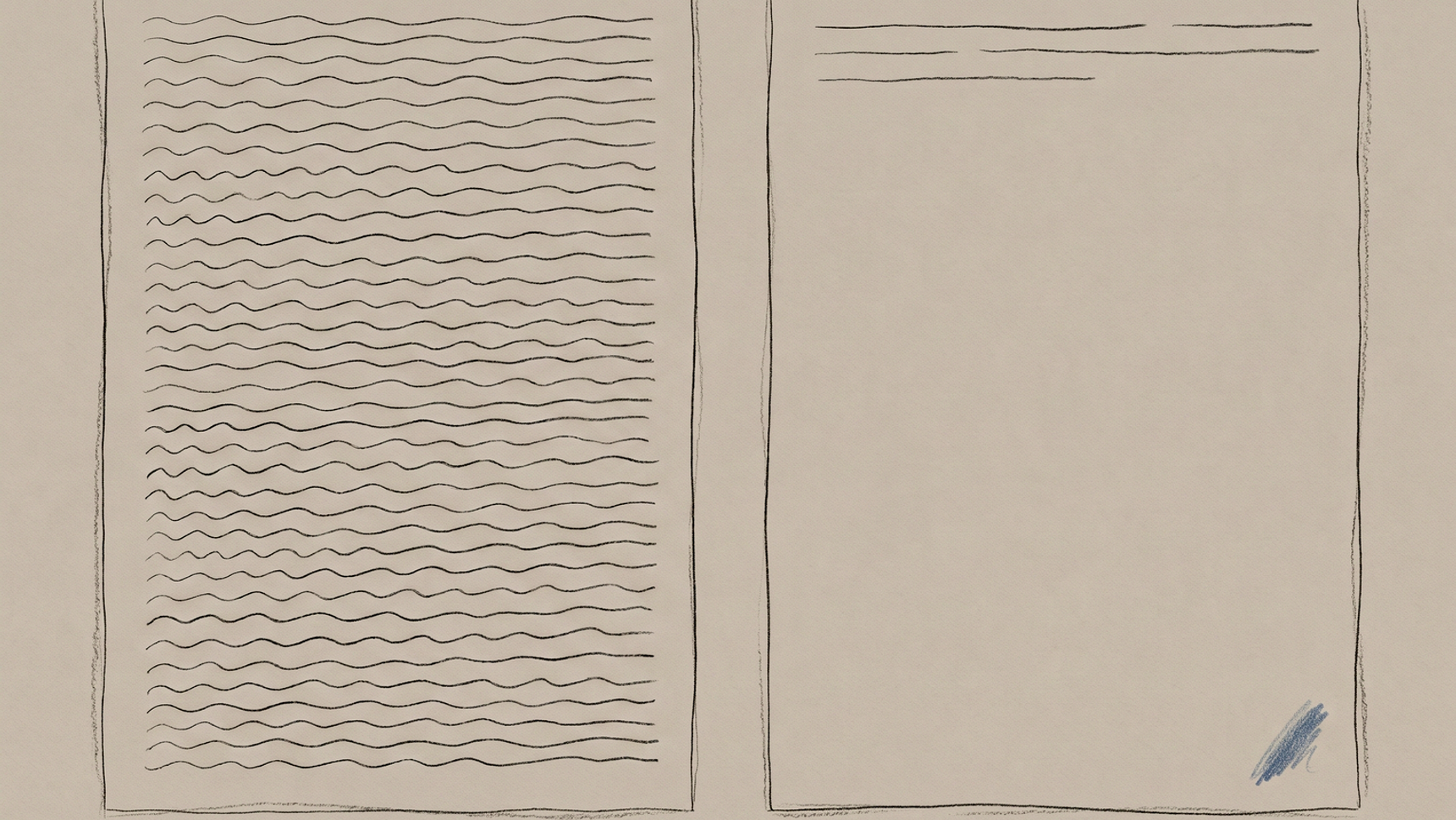 Hand-drawn illustration of two payslips side by side, the left one covered in dense printed lines and the right one nearly empty