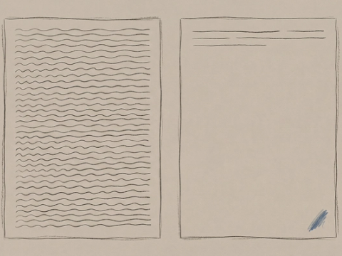 Hand-drawn illustration of two payslips side by side, the left one covered in dense printed lines and the right one nearly empty
