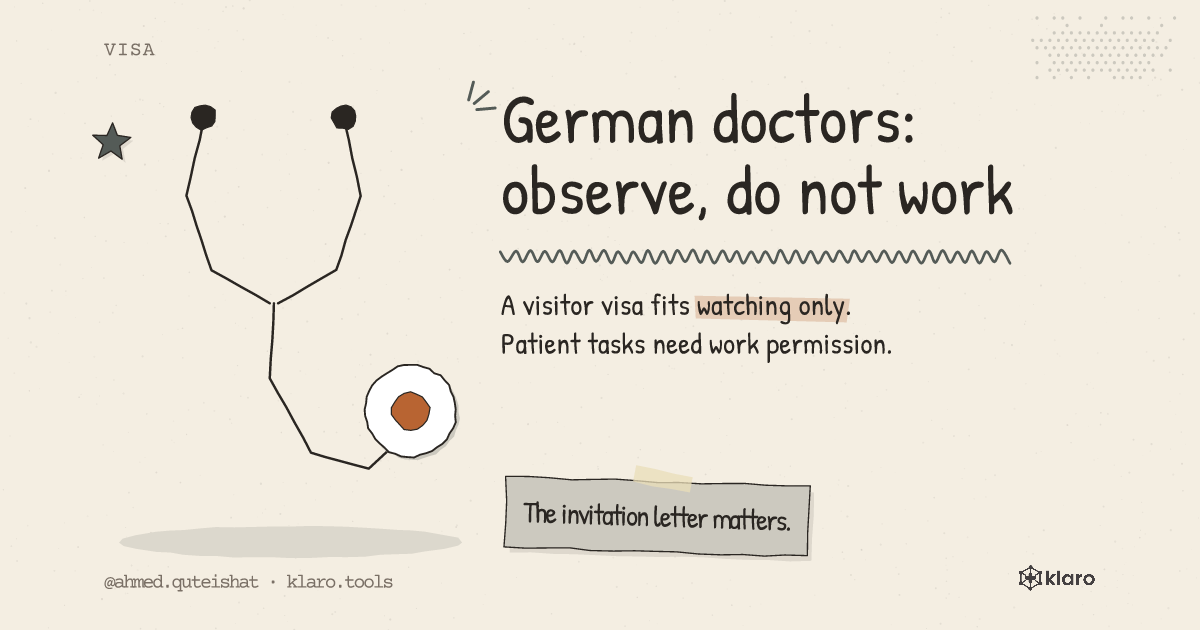 German doctors: observe, do not work: A visitor visa fits watching only. Patient tasks need work permission.