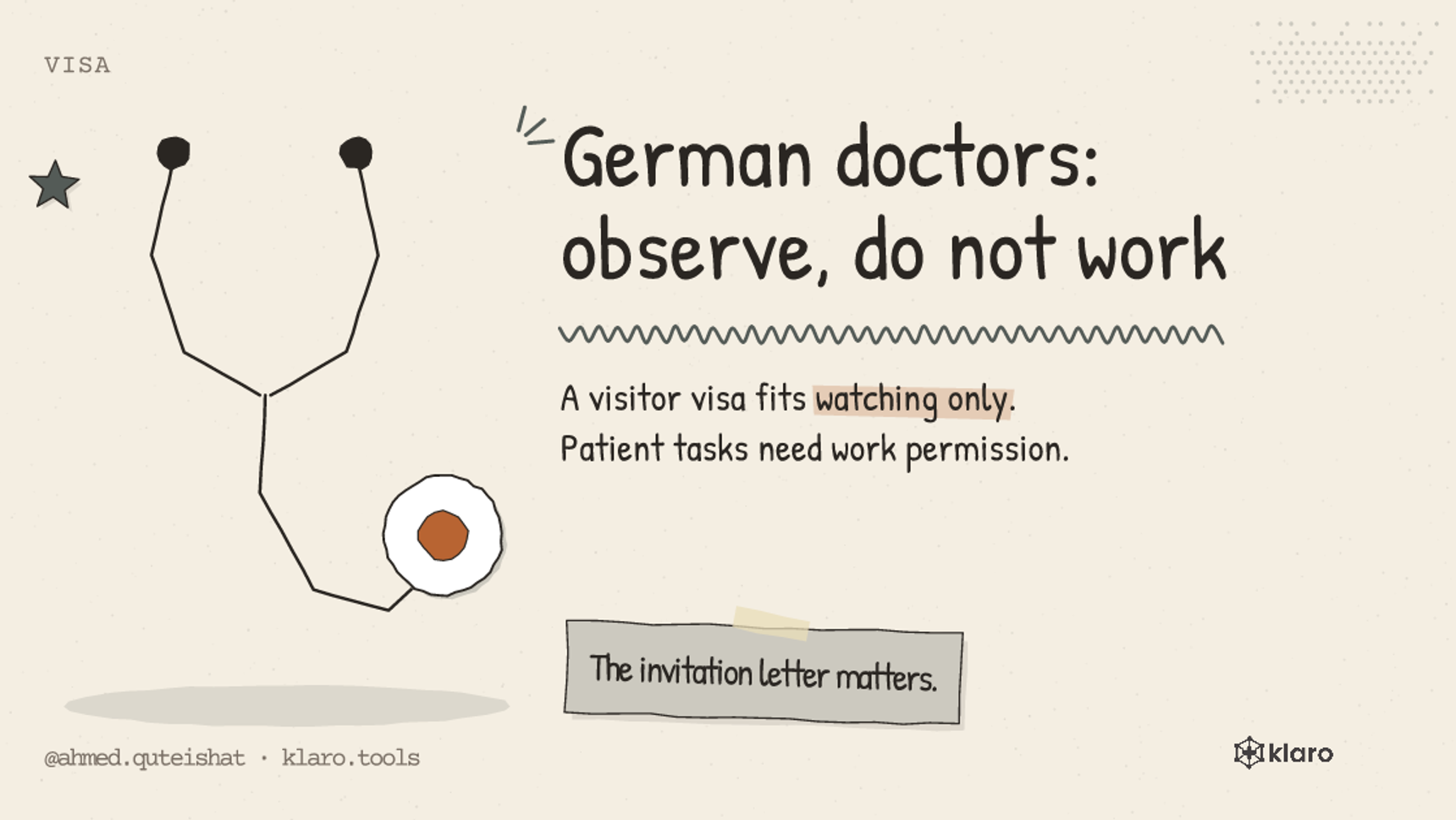 German doctors: observe, do not work: A visitor visa fits watching only. Patient tasks need work permission.