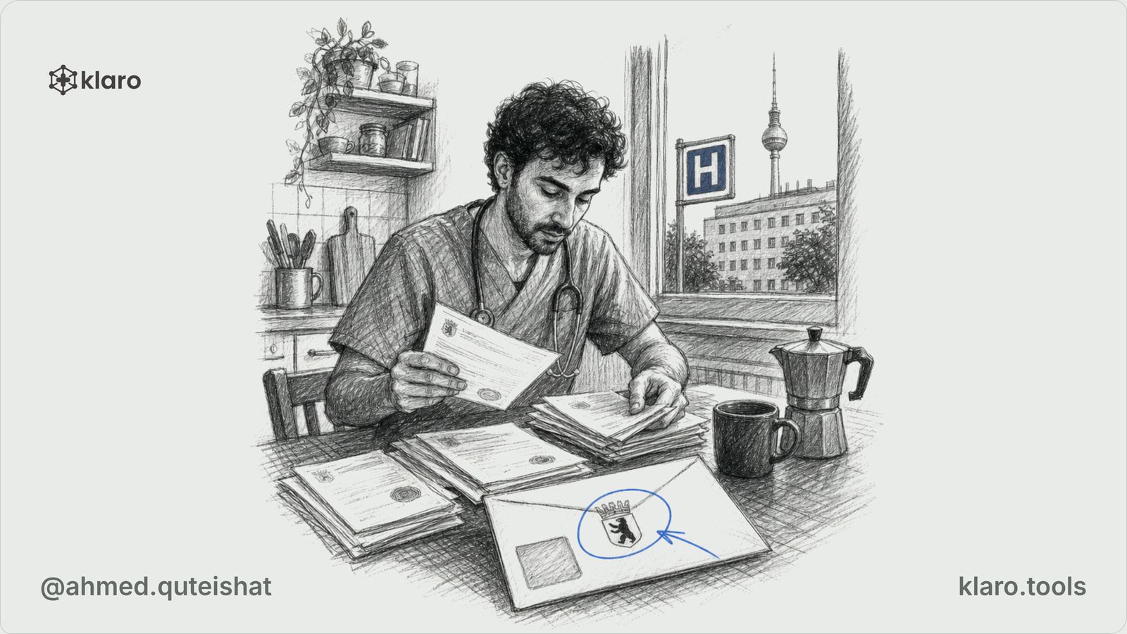A foreign doctor at a kitchen table sorting certified diploma copies, German translations, and a state authority checklist into labelled paper folders, with a German hospital visible through the windo
