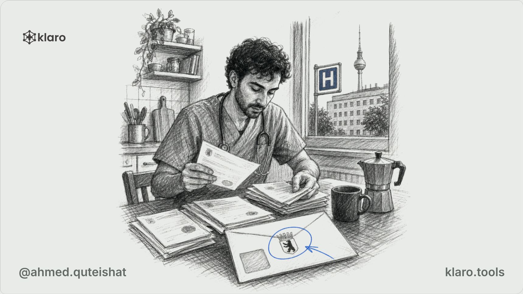 A foreign doctor at a kitchen table sorting certified diploma copies, German translations, and a state authority checklist into labelled paper folders, with a German hospital visible through the windo