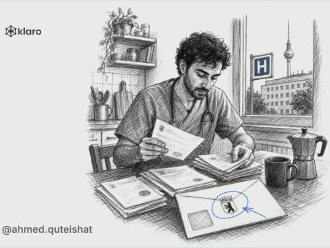 A foreign doctor at a kitchen table sorting certified diploma copies, German translations, and a state authority checklist into labelled paper folders, with a German hospital visible through the windo