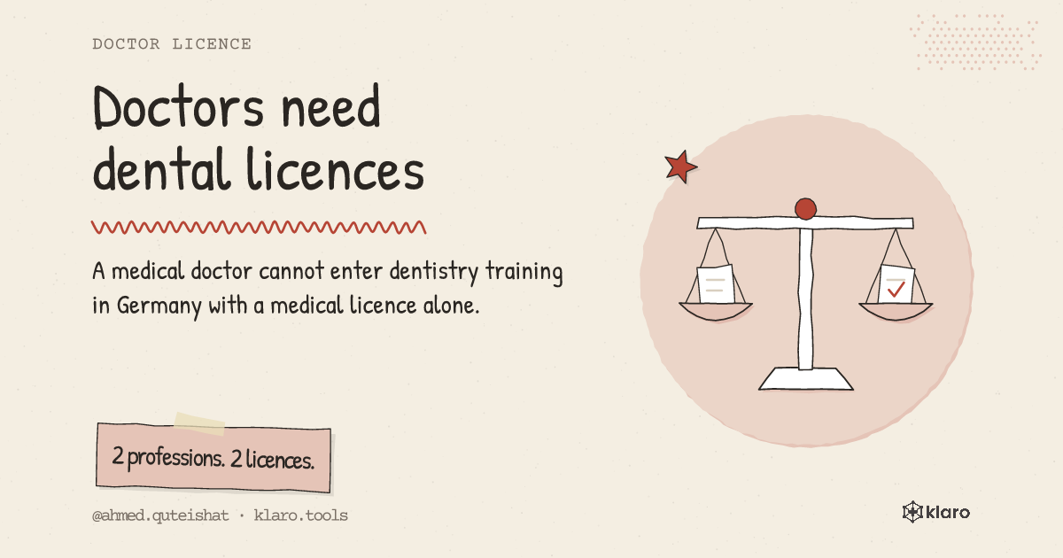 Doctors need dental licences: A medical doctor cannot enter dentistry training in Germany with a medical licence alone.