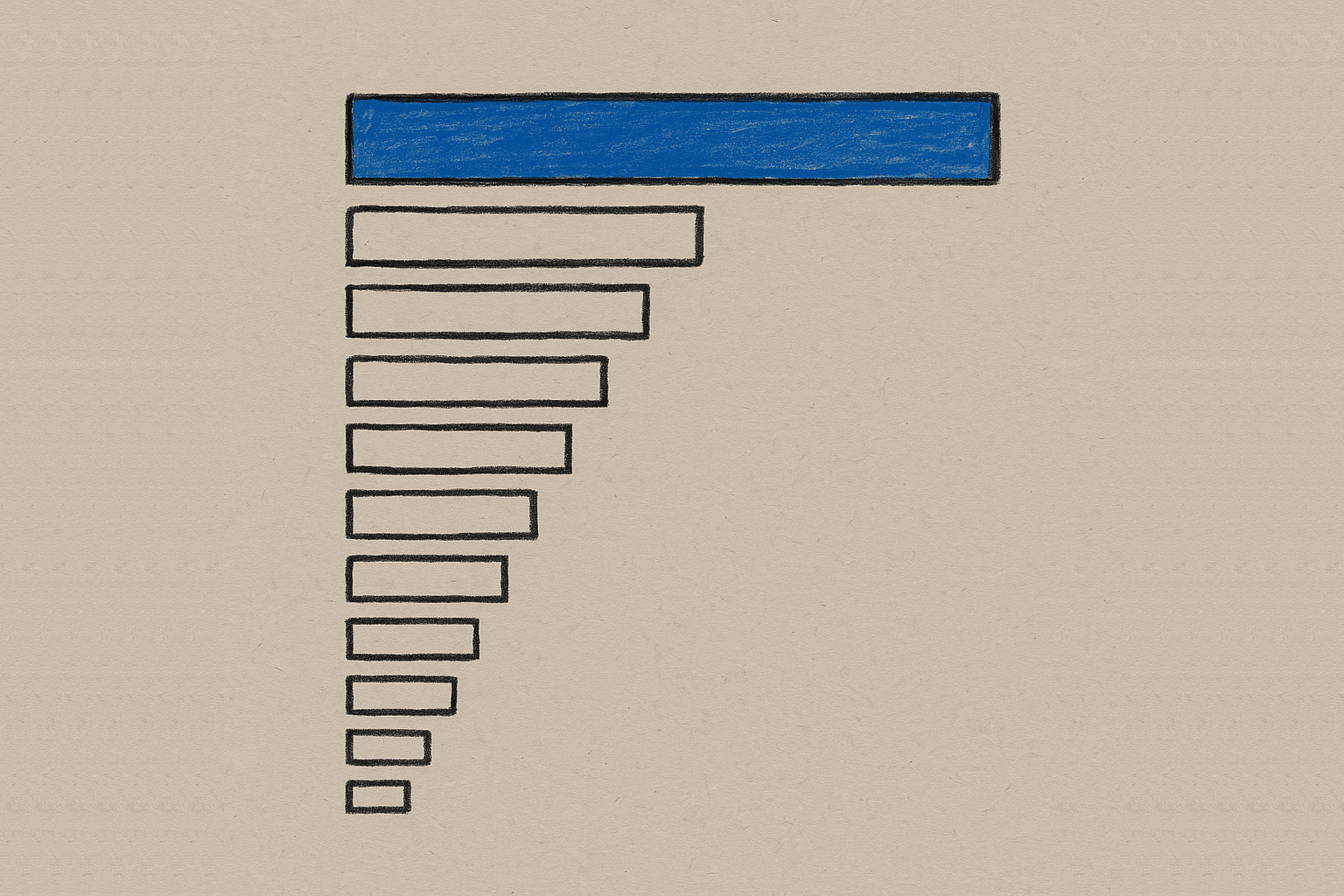 Hand-drawn chart of twelve bars of decreasing length, the longest one filled in blue, on warm grey paper