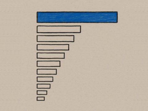 Hand-drawn chart of twelve bars of decreasing length, the longest one filled in blue, on warm grey paper