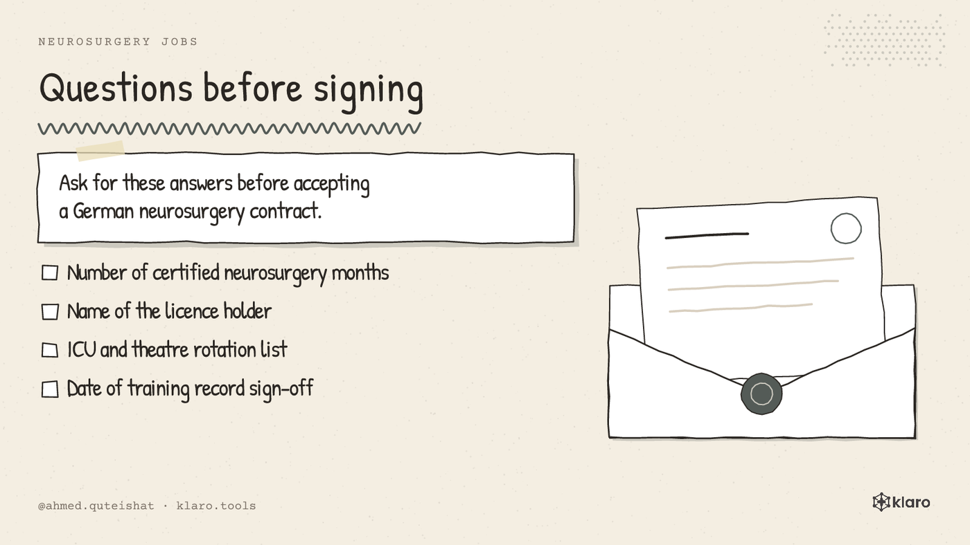A checklist of four questions for a German neurosurgery department before signing a contract.