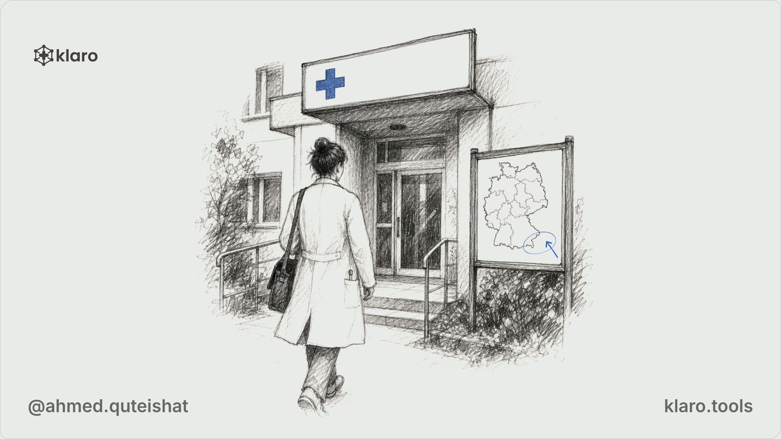 A junior doctor in a Kittel walks through a small German hospital maternity corridor at dawn, carrying a CV folder while a delivery-room door and a distant town skyline frame the scene.