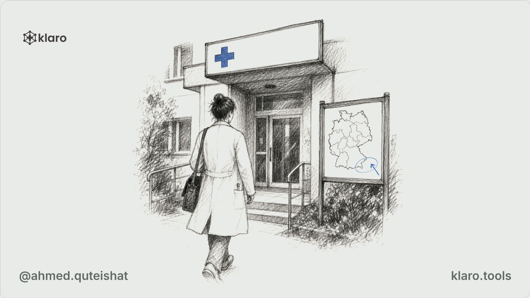 A junior doctor in a Kittel walks through a small German hospital maternity corridor at dawn, carrying a CV folder while a delivery-room door and a distant town skyline frame the scene.