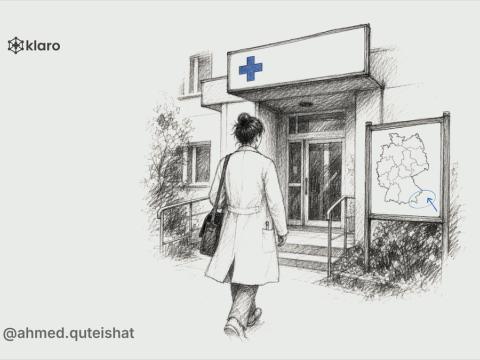 A junior doctor in a Kittel walks through a small German hospital maternity corridor at dawn, carrying a CV folder while a delivery-room door and a distant town skyline frame the scene.