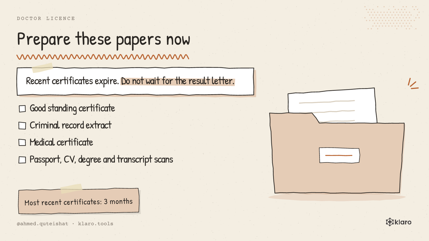 A checklist shows the three papers doctors should prepare while waiting for a German medical language exam result.