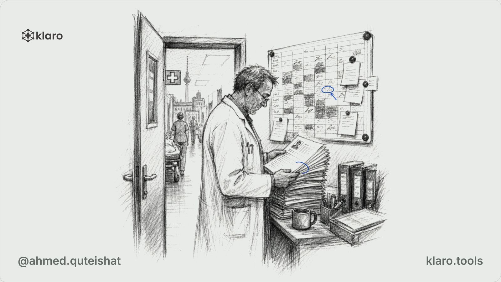 From behind, an international doctor sits at a kitchen table with a German hospital application open on a laptop, a CV page, licence copy, and a handwritten Dienstplan pinned beside a window showing a