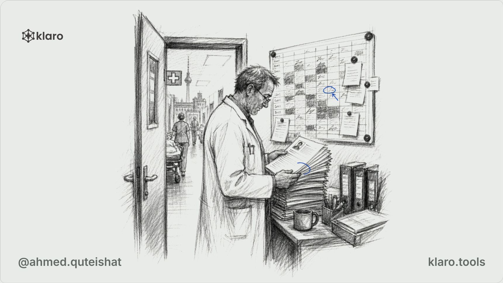 From behind, an international doctor sits at a kitchen table with a German hospital application open on a laptop, a CV page, licence copy, and a handwritten Dienstplan pinned beside a window showing a