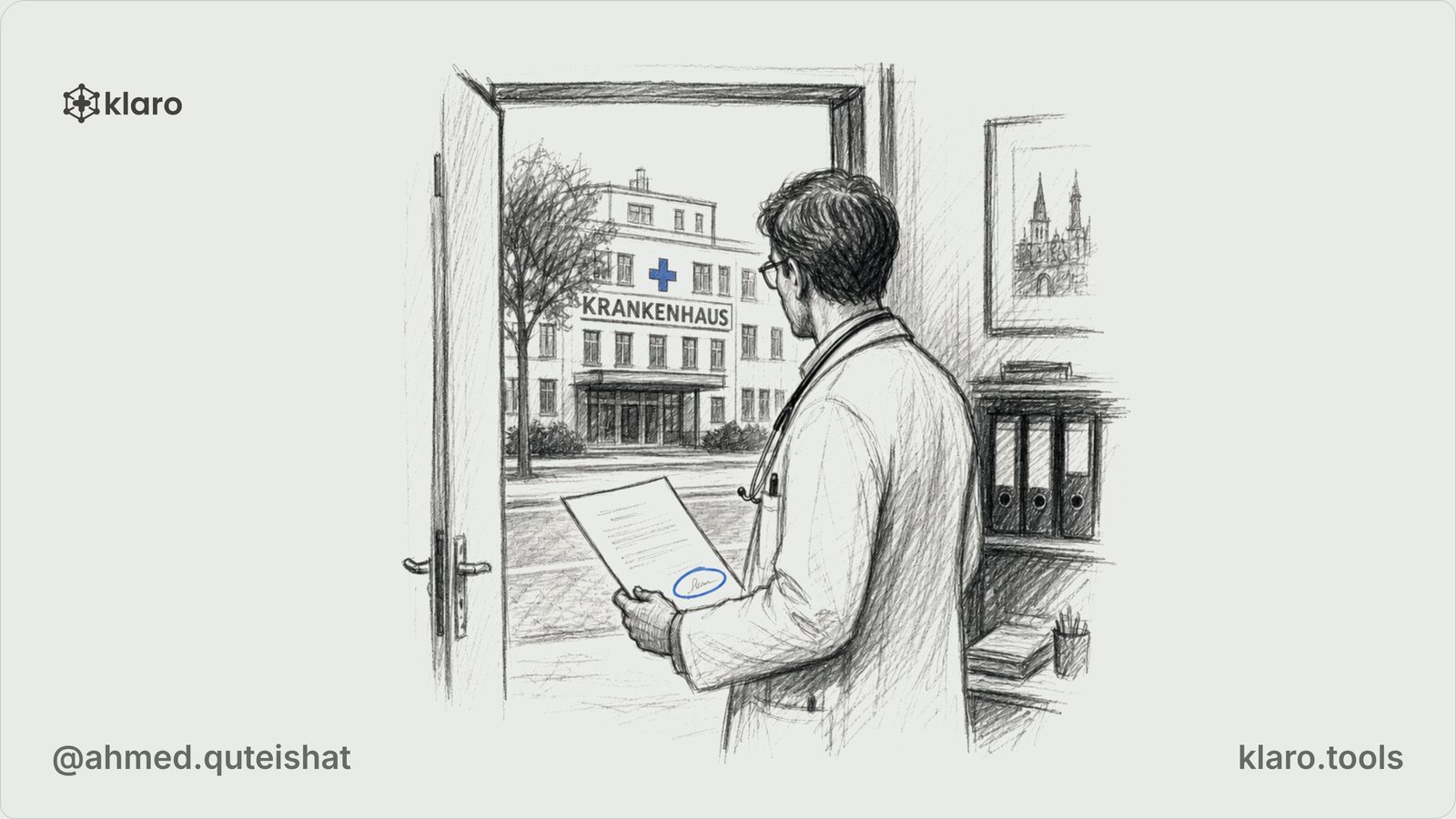 A foreign doctor in a hospital changing room studies a stamped temporary permit beside an employment contract, with a German hospital sign visible through the window.