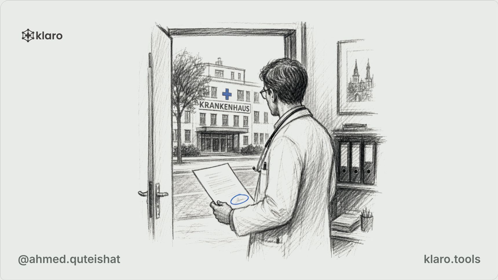 A foreign doctor in a hospital changing room studies a stamped temporary permit beside an employment contract, with a German hospital sign visible through the window.
