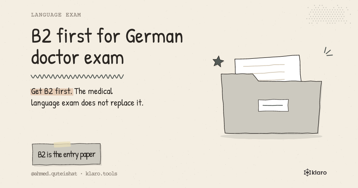 B2 first for German doctor exam: Get B2 first. The medical language exam does not replace it.