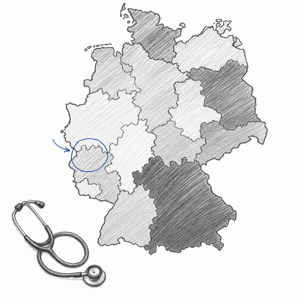 A wide illustration of a hand-drawn map of Germany with different regions shaded in varying pencil densities, suggesting uneven demand, with a small stethoscope resting in one corner.
