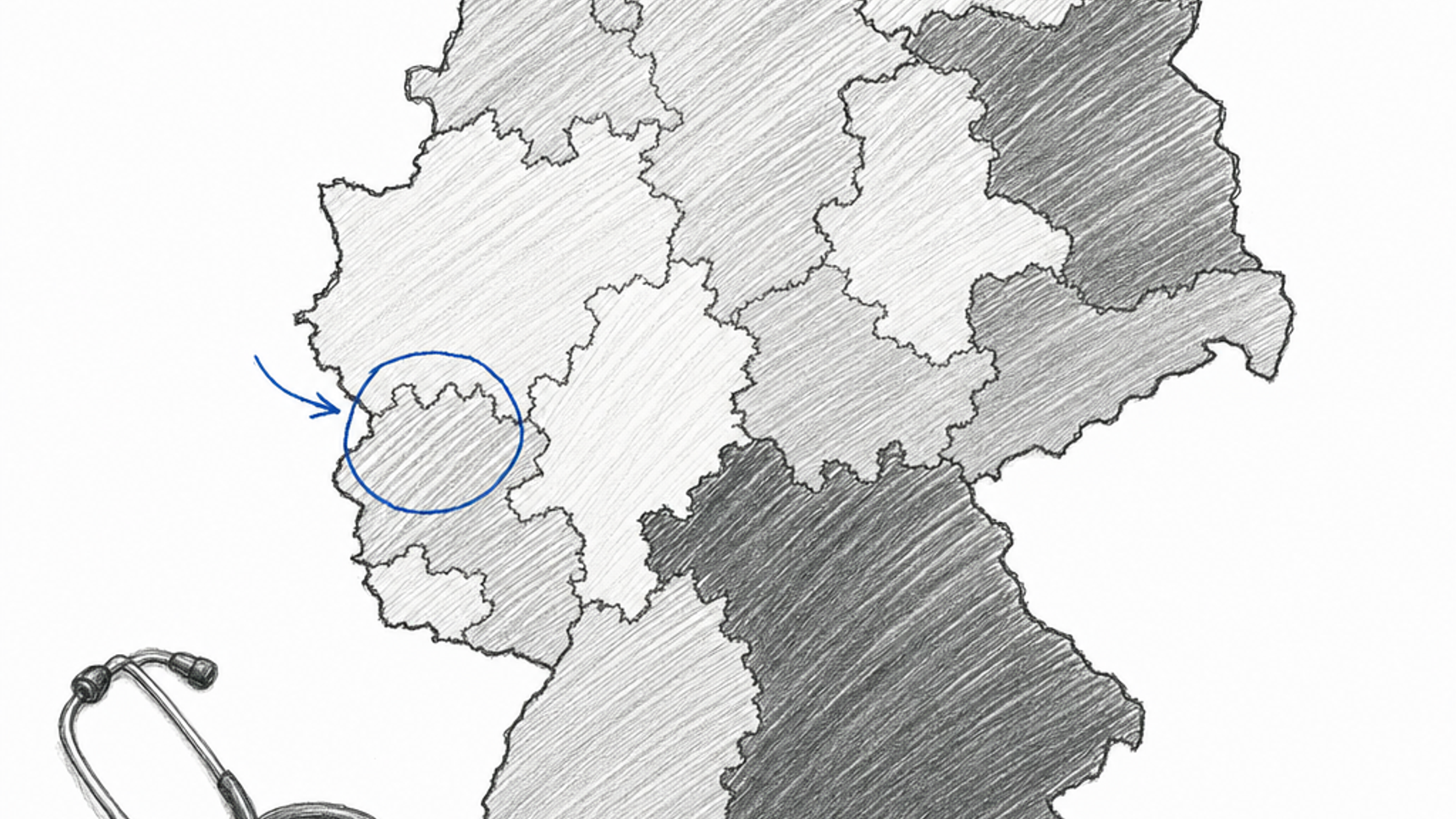 A wide illustration of a hand-drawn map of Germany with different regions shaded in varying pencil densities, suggesting uneven demand, with a small stethoscope resting in one corner.