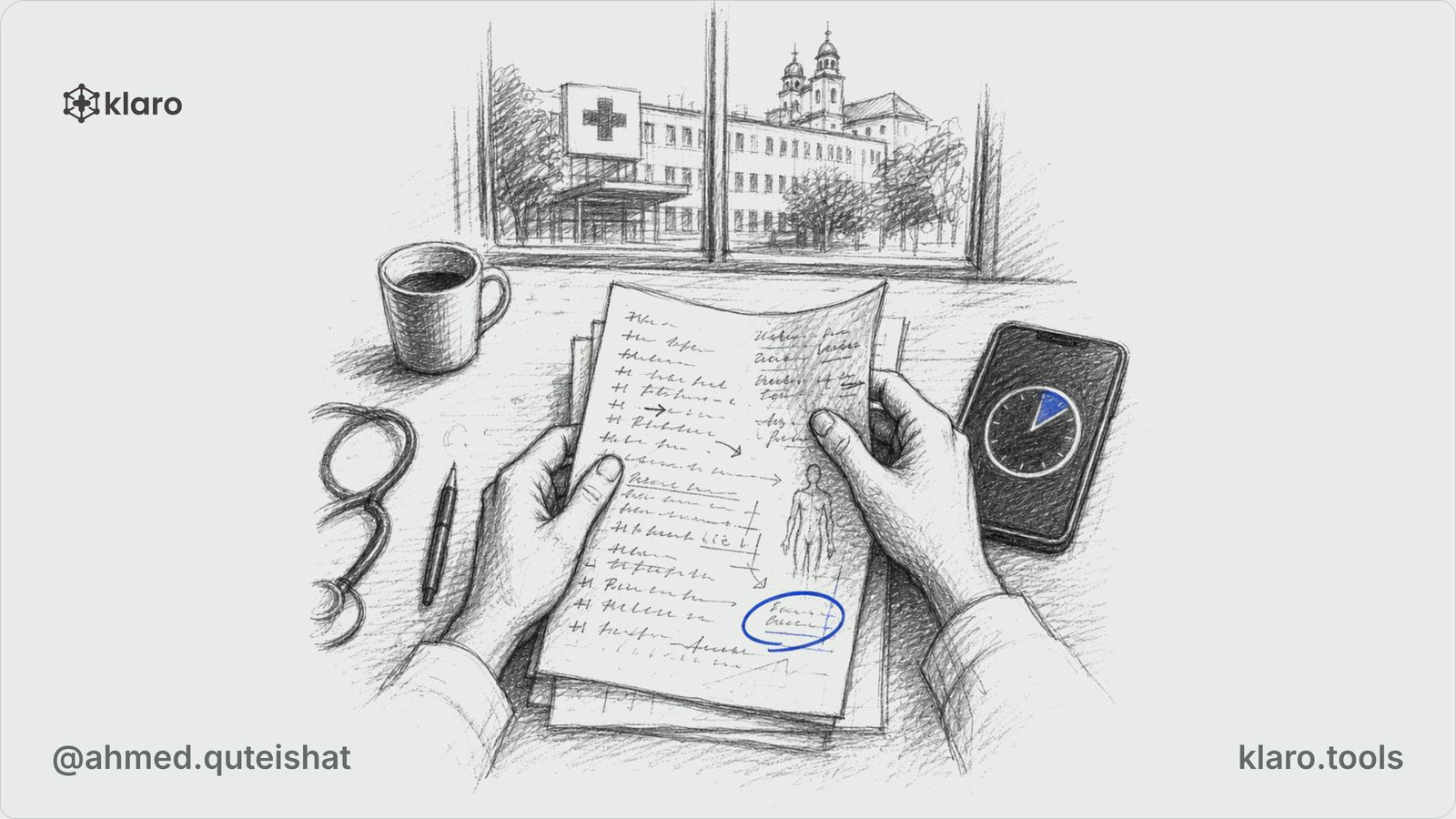A foreign doctor at a kitchen table before dawn, speaking through a patient case beside handwritten A4 sheets, with a German hospital building visible through the window.