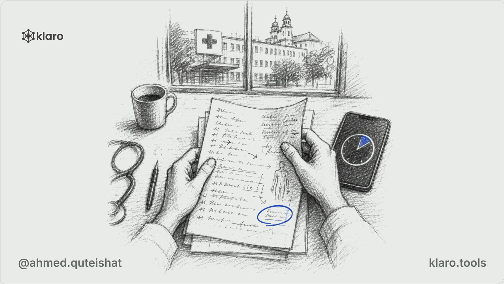 A foreign doctor at a kitchen table before dawn, speaking through a patient case beside handwritten A4 sheets, with a German hospital building visible through the window.