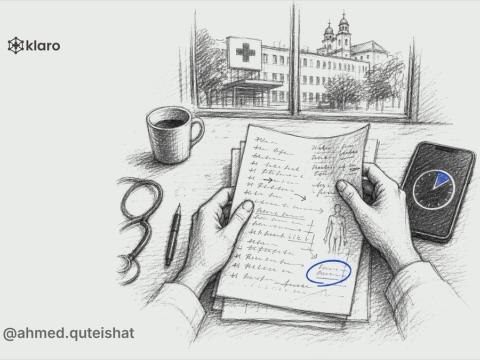 A foreign doctor at a kitchen table before dawn, speaking through a patient case beside handwritten A4 sheets, with a German hospital building visible through the window.