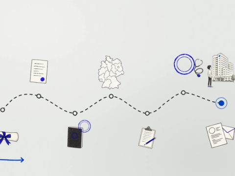 Hand-drawn dotted path across warm grey paper with seven stations: a diploma scroll, a certificate, a passport, a map of Germany, an exam sheet, a blue seal with a stethoscope, and a CV with a hospital
