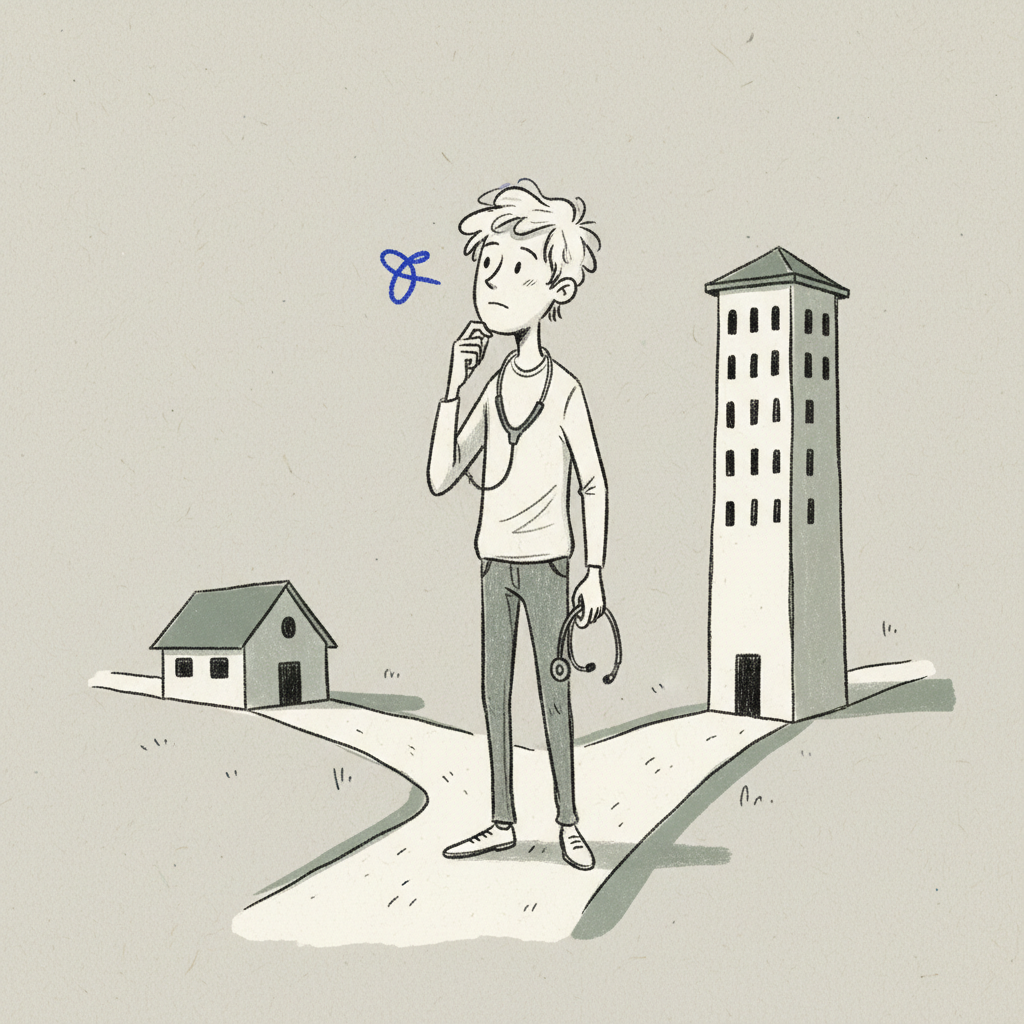 Hand-drawn illustration of a young doctor standing at a fork in a path, holding a stethoscope and thinking, with a small building on one side and a tall hospital tower on the other